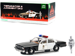 1987 Chevrolet Caprice Metropolitan Police Black and White with T-1000 Liquid Metal Android Diecast Figure "Terminator 2: Judgment Day" (1991) Movie "Artisan Collection" 1/18 Diecast Model Car by Greenlight