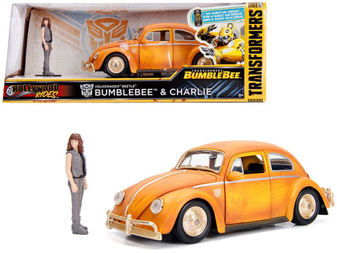 Volkswagen Beetle Weathered Yellow with Robot on Chassis and Charlie Diecast Figure "Bumblebee" (2018) Movie ("Transformers" Series) "Hollywood Rides" Series 1/24 Diecast Model Car by Jada