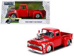 1956 Ford F-100 Pickup Truck with Blower Glossy Red with Flames "Just Trucks" Series 1/24 Diecast Model by Jada