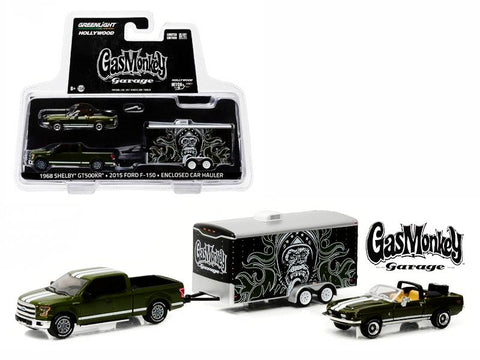 2015 Ford F-150 Green and 1968 Shelby GT500KR Convertible Green with Enclosed Car Hauler "Gas Monkey Garage" (2012-Current TV Series) 1/64 Diecast Models by Greenlight