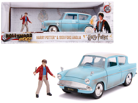1959 Ford Anglia Light Blue (Weathered) with Harry Potter Diecast Figure 1/24 Diecast Model Car by Jada