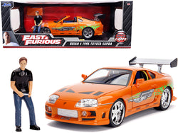 1995 Toyota Supra Orange Metallic with Lights and Brian Figure "Fast & Furious" Movie 1/18 Diecast Model Car by Jada