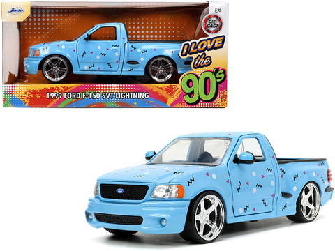 1999 Ford F-150 SVT Lightning Pickup Truck Light Blue with Graphics "I Love the 1990's" Series 1/24 Diecast Model by Jada