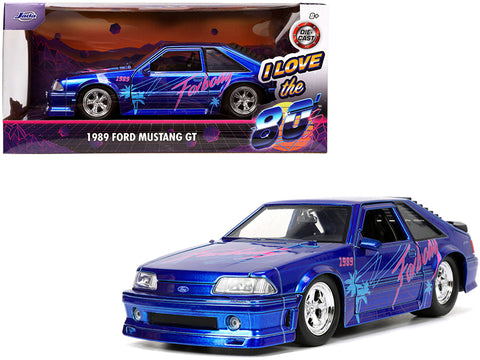 1989 Ford Mustang GT "Fox Body" Candy Blue with Graphics "I Love the 1980's" Series 1/24 Diecast Model Car by Jada