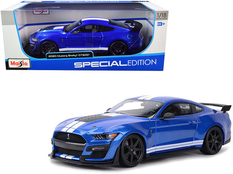 2020 Ford Mustang Shelby GT500 Blue Metallic with White Stripes "Special Edition" 1/18 Diecast Model Car by Maisto