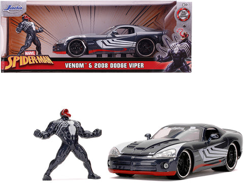2008 Dodge Viper SRT10 Dark Gray with Venom Diecast Figure (Spider-Man) "Marvel" Series 1/24 Diecast Model Car by Jada