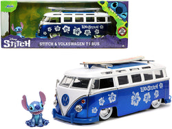 Volkswagen T1 Bus Candy Blue and White with Stitch Diecast Figure and Surfboard "Lilo & Stitch" Disney "Hollywood Rides" Series 1/24 Diecast Model by Jada