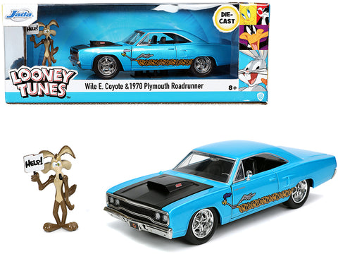 1970 Plymouth 440-6BBL RoadRunner Light Blue Metallic with Black Hood and Wile E. Coyote Diecast Figure "Looney Tunes" 1/24 Diecast Model Car by Jada