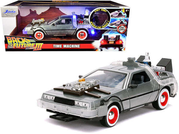 DeLorean Brushed Metal Time Machine with Lights "Back to the Future Part III" (1990) Movie "Hollywood Rides" Series 1/24 Diecast Model Car by Jada