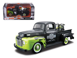 1948 Ford F-1 Pickup Truck "Harley Davidson" with a 1948 "Harley" FL Panhead Motorcycle (both are Black and Green) 1/24 Diecast Models by Maisto