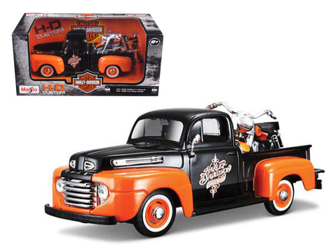 1948 Ford F-1 Pickup Truck with a 1958 FLH "Harley" Duo Glide Motorcycle (both are Orange and Black) 1/24 Diecast Models by Maisto