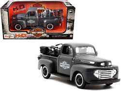 1948 Ford F-1 Pickup Truck and 1942 Harley-Davidson WLA Flathead Motorcycle Matte Dark Gray "Harley-Davidson Custom" 1/24 Diecast Models by Maisto