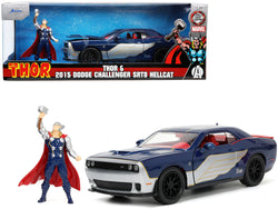 2015 Dodge Challenger SRT Hellcat Dark Blue with Graphics and Red Interior and Thor Diecast Figure "The Mighty Thor" "Marvel" Series 1/24 Diecast Model Car by Jada