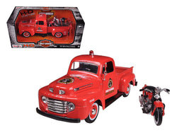 1948 Ford F-1 Pickup Truck Harley Davidson Fire with a 1936 EL Knucklehead "Harley Davidson" Motorcycle 1/24 Diecast Models by Maisto