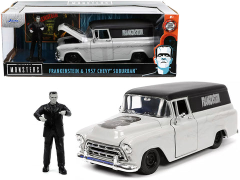 1957 Chevrolet Suburban Gray and Black with Graphics and Frankenstein Diecast Figure "Universal Monsters" "Hollywood Rides" Series 1/24 Diecast Model by Jada
