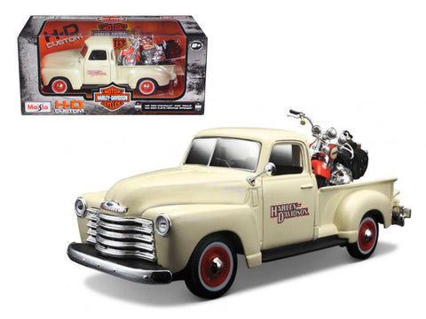 1950 Chevrolet 3100 Pickup Truck "Harley Davidson" 1/25 with a 2001 FLSTS Heritage Springer Motorcycle 1/24 Diecast Models by Maisto