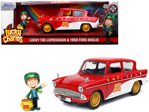 1959 Ford Anglia Red and White with Lucky the Leprechaun Diecast Figure "Lucky Charms" 1/24 Diecast Model Car by Jada