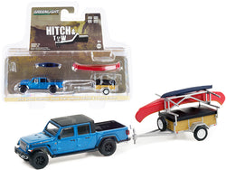 2021 Jeep Gladiator Texas Trail Limited Edition Pickup Truck Hydro Blue Pearl with Black Top with a Canoe Trailer and Canoe Rack containing a Canoe and Kayak "Hitch & Tow" Series #24 1/64 Diecast Models by Greenlight