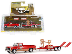 1982 GMC K-2500 Sierra Grande Wideside Pickup Truck Red and Beige with Black Stripes "Busted Knuckle Garage" and Tandem Car Trailer "Hitch & Tow" Series #25 1/64 Diecast Models by Greenlight