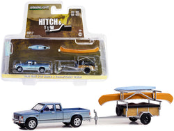 1988 GMC S-15 Sierra Pickup Truck Blue Metallic and White with Stripes and Canoe Trailer and Canoe Rack with Canoe and Kayak "Hitch & Tow" Series #25 1/64 Diecast Models by Greenlight