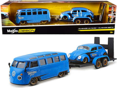 Volkswagen Van Samba with Volkswagen Beetle and Flatbed Trailer Blue "Kool Kafers" (3 Piece Set)"Elite Transport" Series 1/24 Diecast Models by Maisto