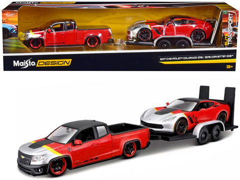2017 Chevrolet Colorado ZR2 Pickup Truck Red and 2015 Chevrolet Corvette Z06 Red with Flatbed Trailer (3 Piece Set) "Elite Transport" Series 1/24 Diecast Models by Maisto