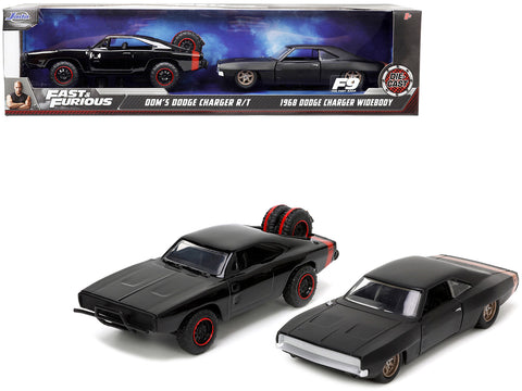 Dom's Dodge Charger R/T Black with Red Tail Stripe and 1968 Dodge Charger Widebody Matte Black with Bronze Tail Stripe (2 Piece Set) "Fast & Furious" Series 1/32 Diecast Models by Jada