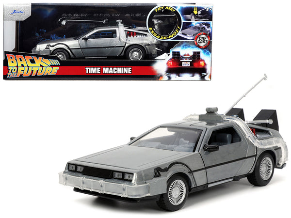 DeLorean Brushed Metal Time Machine with Lights "Back to the Future" (1985) Movie "Hollywood Rides" Series 1/24 Diecast Model Car by Jada