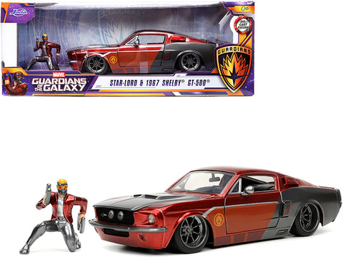 1967 Ford Mustang Shelby GT-500 Red Metallic and Gray Metallic with Star-Lord Diecast Figure "Guardians of the Galaxy" "Marvel" Series 1/24 Diecast Model Car by Jada
