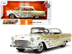 1955 Chevrolet Bel Air White and Gold with Flames "Bigtime Muscle" Series 1/24 Diecast Model Car by Jada
