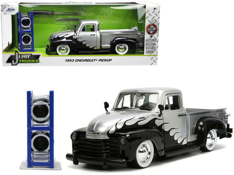 1953 Chevrolet 3100 Pickup Truck Silver Metallic with Black Flames with Extra Wheels "Just Trucks" Series 1/24 Diecast Model by Jada