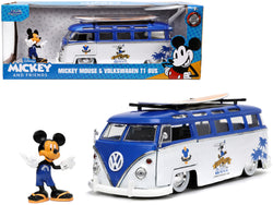 Volkswagen T1 Bus Blue and White with Graphics "Nostalgic Islands Ride the Wave" and Mickey Mouse Diecast Figure and Surfboard "Disney's Mickey and Friends" "Hollywood Rides" Series 1/24 Diecast Model Car by Jada