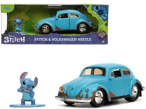Volkswagen Beetle Matte Blue (Weathered) and Stitch Diecast Figure "Lilo and Stitch" (2002) Movie "Hollywood Rides" Series 1/32 Diecast Model Car by Jada