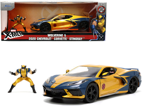 2020 Chevrolet Corvette C8 Stingray Gold Metallic and Dark Blue and Wolverine "X-Men" "Marvel" Series "Hollywood Rides" 1/24 Diecast Model Car by Jada