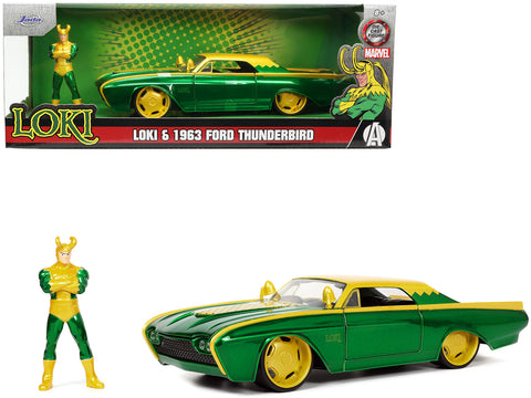 1963 Ford Thunderbird Green and Yellow Metallic with Hood Graphics and Loki Diecast Figure "Loki" "Marvel" Series 1/24 Diecast Model Car by Jada