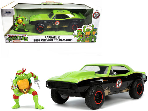 1967 Chevrolet Camaro Offroad Bright Green and Matte Black (Dirty Version) with a Raphael Diecast Figure "Teenage Mutant Ninja Turtles" "Hollywood Rides" Series 1/24 Diecast Model Car by Jada
