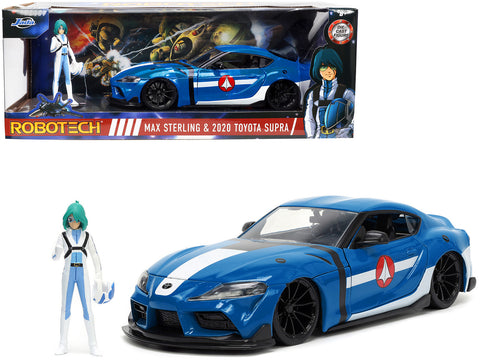2020 Toyota Supra Blue with Graphics and Max Sterling Diecast Figure "Robotech" "Hollywood Rides" Series 1/24 Diecast Model Car by Jada