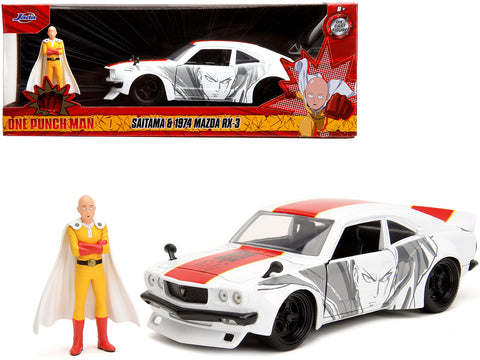 1974 Mazda RX-3 White with Red Stripe and Graphics and Saitama Diecast Figure "One Punch Man" (2015-2019) TV Series 1/24 Diecast Model Car by Jada