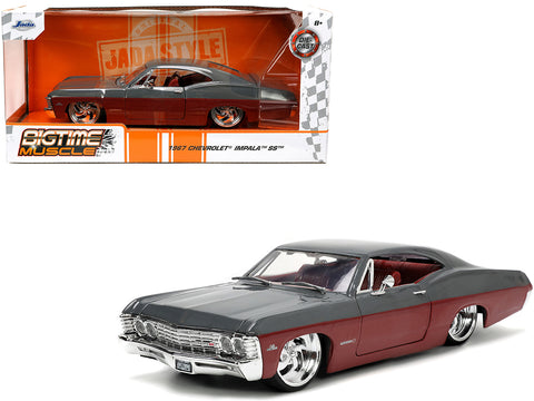 1967 Chevrolet Impala SS Gray and Burgundy with Burgundy Interior "Bigtime Muscle" Series 1/24 Diecast Model Car by Jada