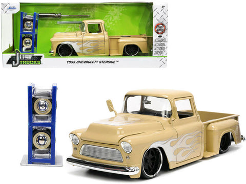1955 Chevrolet Stepside Pickup Truck Tan with White and Silver Flames with Extra Wheels "Just Trucks" Series 1/24 Diecast Model by Jada