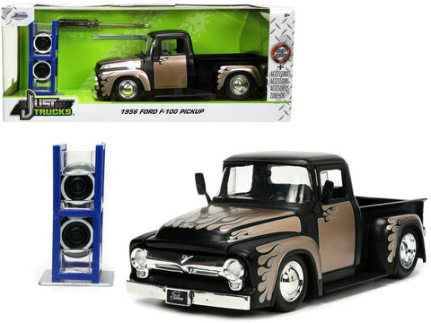 1956 Ford F-100 Pickup Truck Matte Black and Champagne with Flames with Extra Wheels "Just Trucks" Series 1/24 Diecast Model by Jada