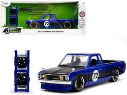 1972 Datsun 620 Pickup Truck #72 Blue Metallic with Black Stripes and Hood "Toyo Tires" with Extra Wheels "Just Trucks" Series 1/24 Diecast Model by Jada