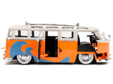 1962 Volkswagen Bus "Santa Monica Surf Club" Orange and White with Graphics with Roof Rack and Surfboard "Punch Buggy" Series 1/24 Diecast Model by Jada