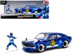 1974 Mazda RX-3 Candy Blue with White Interior and Graphics and Blue Ranger Diecast Figure "Power Rangers" "Hollywood Rides" Series 1/24 Diecast Model Car by Jada
