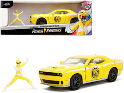 2015 Dodge Challenger SRT Hellcat Yellow with Graphics and Yellow Ranger Diecast Figure "Power Rangers" "Hollywood Rides" Series 1/24 Diecast Model Car by Jada