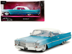 1963 Cadillac Coupe DeVille Blue Metallic and White Gradient with White Top and Interior "Pink Slips" Series 1/24 Diecast Model Car by Jada