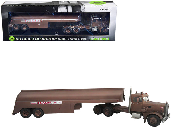 1955 Peterbilt 281 "Needlenose" Tractor with Tanker Trailer Brown (Weathered) "Duel" (1971) Movie 1/43 Diecast Model by Big Rig Replicas