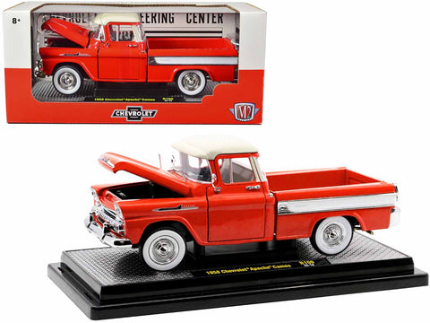 1958 Chevrolet Apache Cameo Pickup Truck Cardinal Red with Wimbledon White Top Limited Edition to 6,550 pieces Worldwide 1/24 Diecast Model by M2 Machines