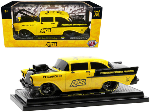 1957 Chevrolet 210 Hardtop Yellow and Black with Graphics "Accel" Limited Edition to 2,650 pieces Worldwide 1/24 Diecast Model Car by M2 Machines