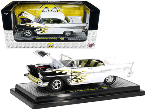 1957 Chevrolet Bel Air Hardtop Bright White with Flames "Mooneyes" Limited Edition to 6,450 pieces Worldwide 1/24 Diecast Model Car by M2 Machines